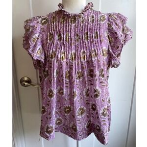 Oliphant Pintuck Ruffle Blouse M Purple Floral Gold 100% Cotton Voile India Top